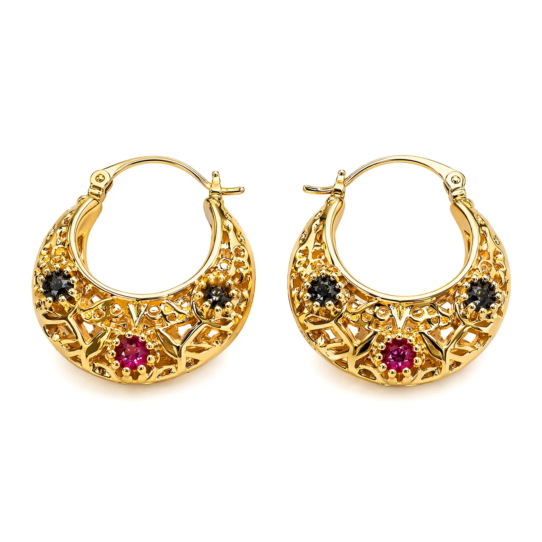 14K Gold Plated Tri-Color Filigree Flower Hoop Earrings, Vintage Basket Design Statement Earrings, Elegant Daily Wear Jewelry for Women, Unique Gift with Box