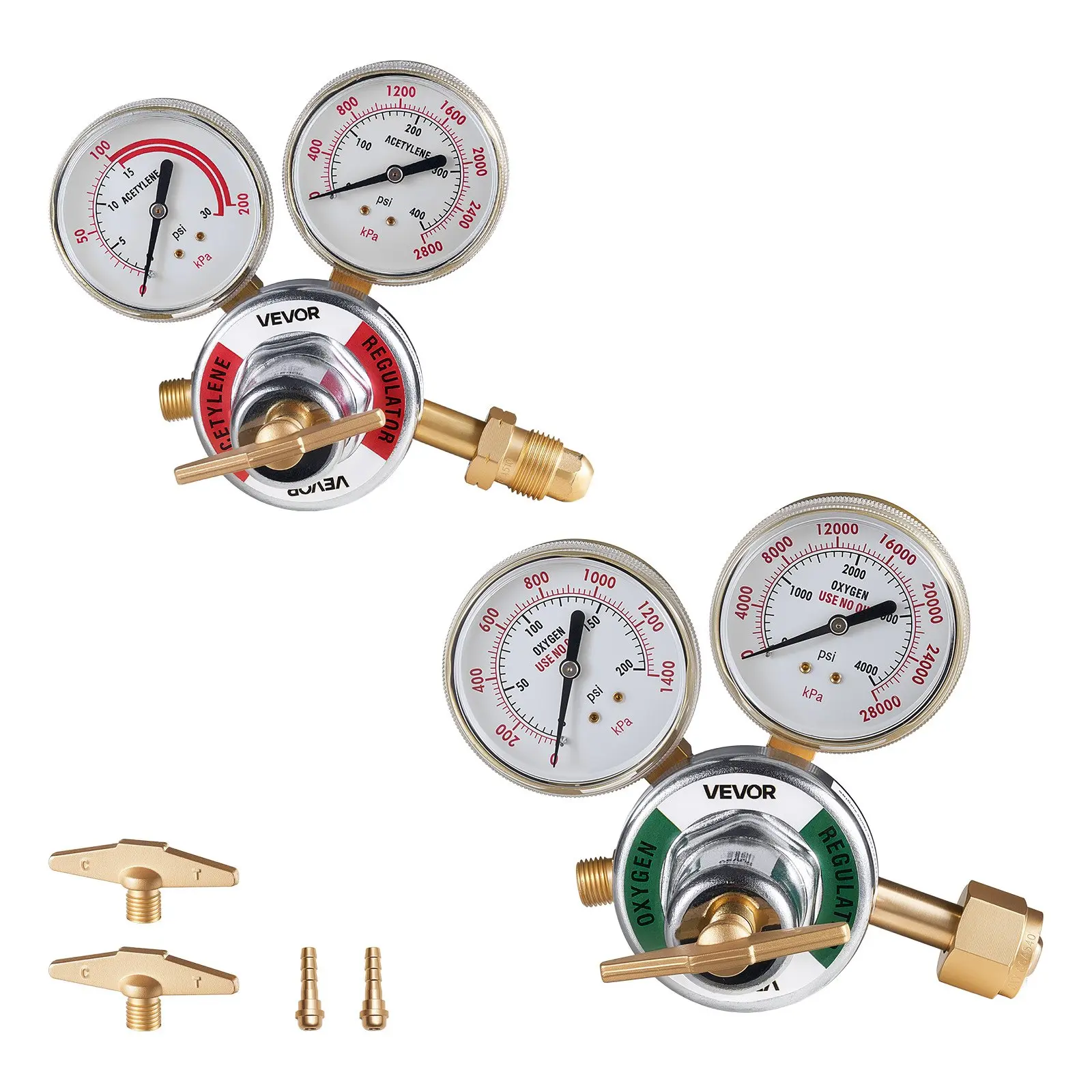 VEVOR Oxygen Acetylene Regulator Set, Oxy-Acetylene Regulators, 0-4000PSI and 0-400PSI Welding Gas Gauges with CGA-540/CGA-510 Inlet Connection 9/16"-18 Outlet Connection, T-Handle Adjustment