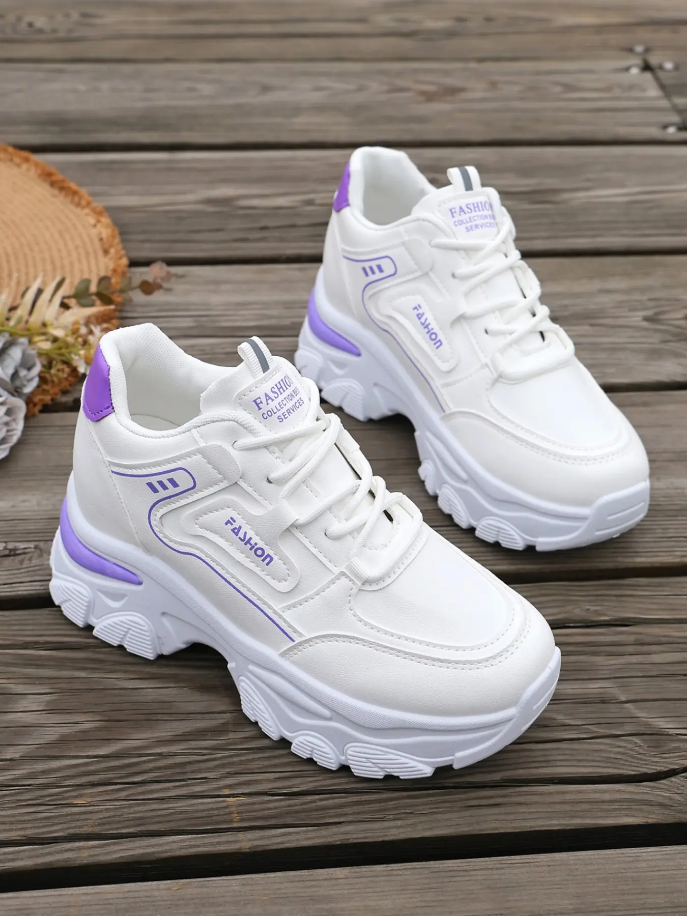 Women Hidden Wedge Platform Low Top Dad Sneakers, Outline Stitching Lace Up Faux Leather Height Increasing Casual Walking Trainers, 2 Colors Pink Purple