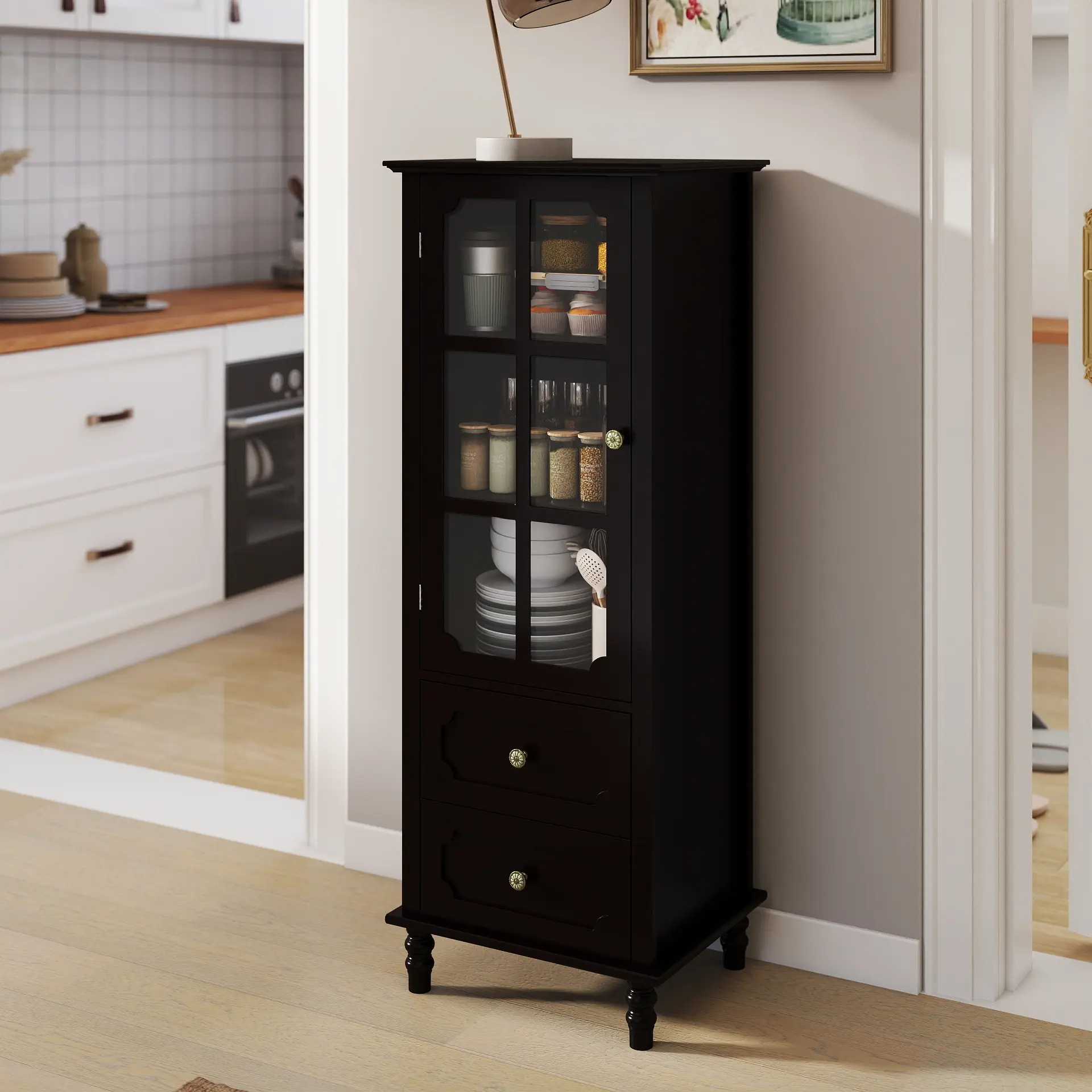 ARCH Black Tall Storage Cabinet with Glass Door & 2 Drawers, Narrow Freestanding Sideboard Buffet with Adjustable Shelves, Farmhouse Retro Pantry Cupboard for Dining Room, Living Room, Bathroom, Stud, Black Color Options, MDF+glass Material