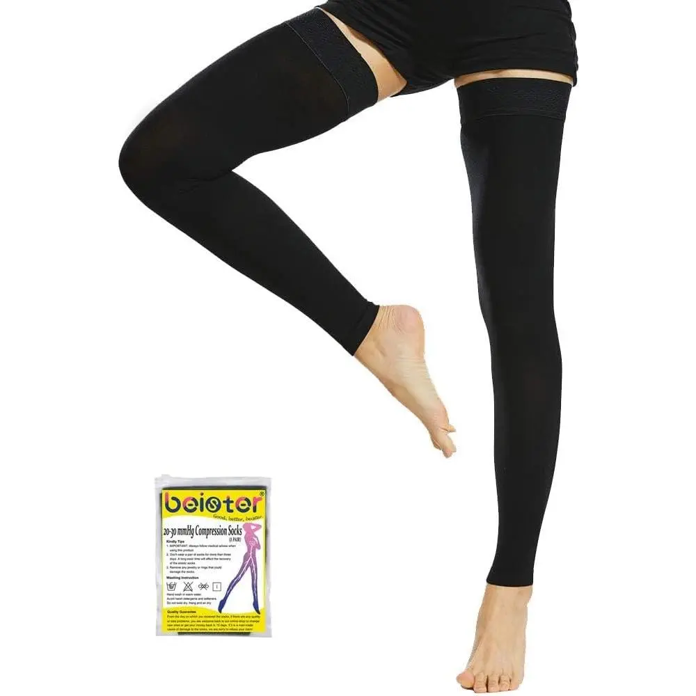 Beister 20-30 mmHg Thigh High Compression Socks with Silicone Band for Women, Footless Graduated Support Sleeves, Medical Hoses for Varicose Veins, Edema, Travel, All Seasons Use, Flight