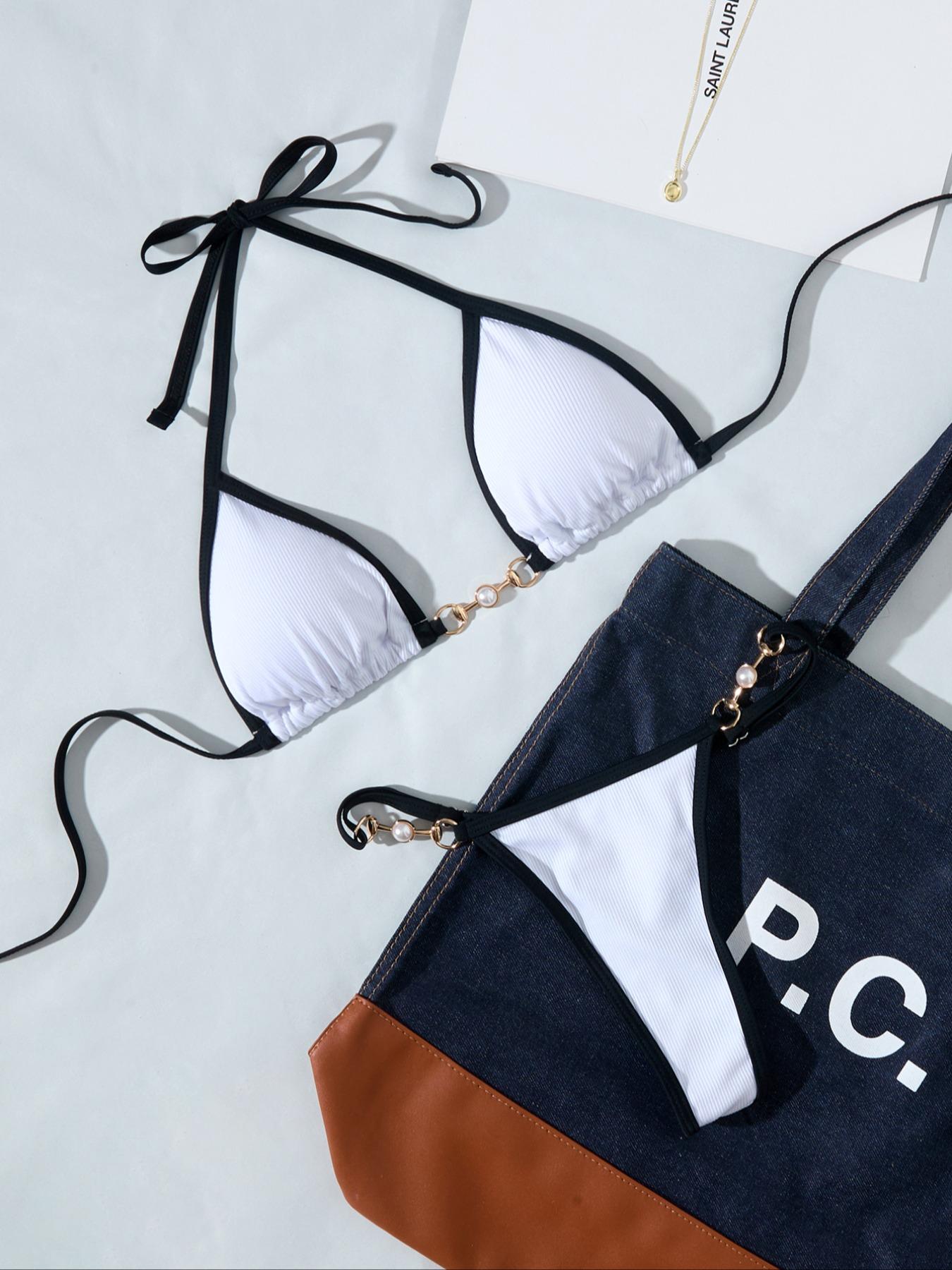 Women's Contrast Binding Chain & Faux Pearls Decor Bikini for Summer 2024, Halter Neck Triangle Bikini Swim Top & Swim Thong, Ladies Summer Swimsuit, Ribbed Triangle Bikini Triangle Underwear, Bikinis Sets