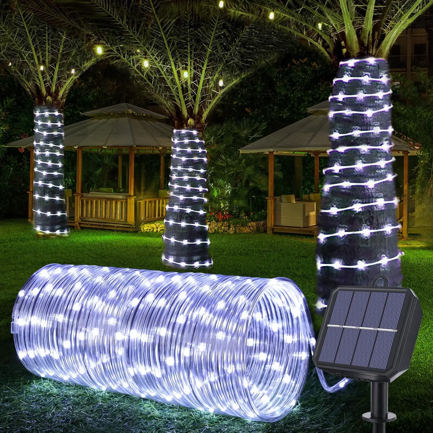 Solar Rope Lights, 66ft 200LED Solar String Lights, 8 Modes Waterproof Solar Outdoor Light, Flexible Clear Trampoline Light for Garden Backyard Patio Deck Porch Pool Tree Decor - White