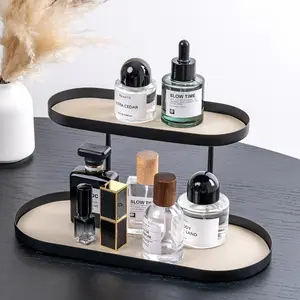1 simple wrought iron double-layer oval storage box, with imitation leather pad, cosmetic jewelry key rack, living room desktop organizer, bedroom bathroom entrance perfume lipstick tray.