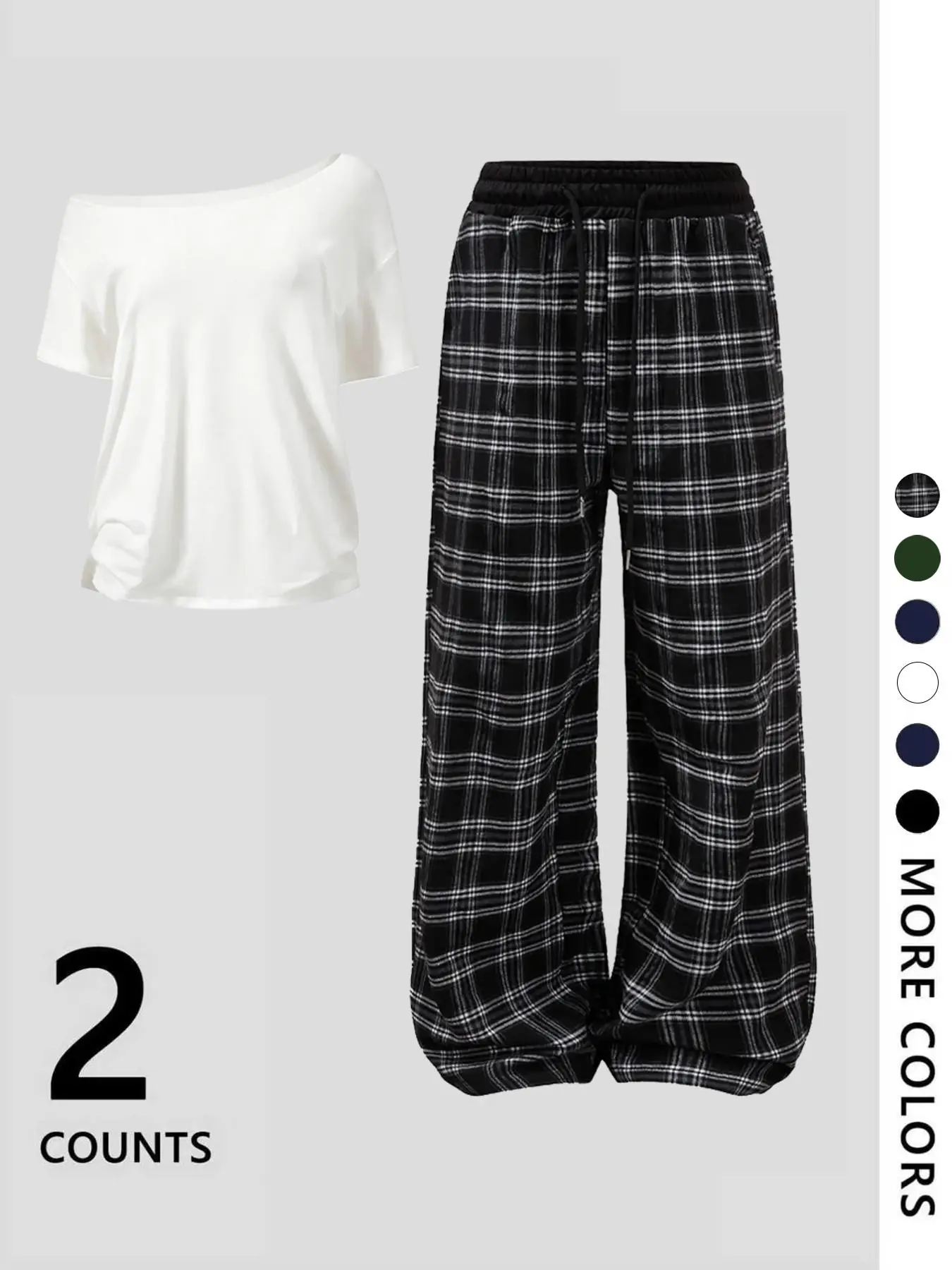 Women's Off-Shoulder Loose Short Sleeve Top with Plaid Pants Set, Casual, Fashionable and Comfortable, Ideal for Everyday Daily Activities and Home Wear Clothes