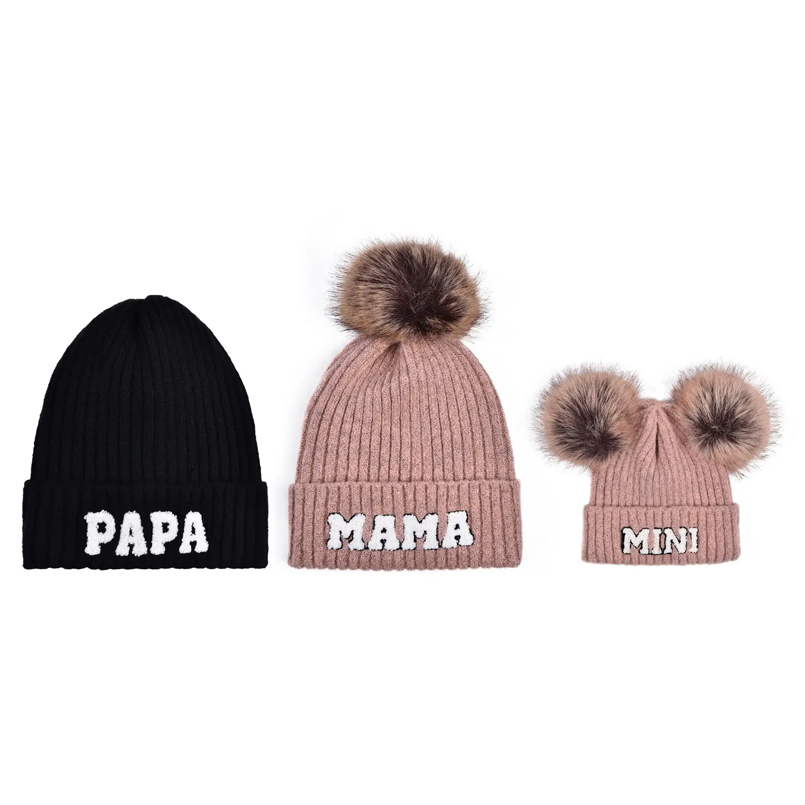 3pcs Family Matching Beanie Hat, Mama Mini Matching Winter Knitted Hats Soft Rib Pom Pom Beanie Parent-Child Outfit Warm Cold Weather Hat Gift for Family Photography Daily Outdoor