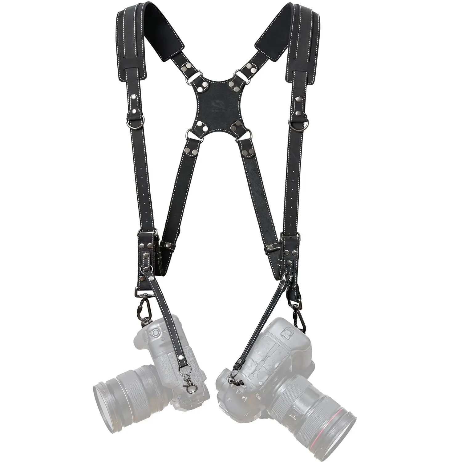 Durable Leather Dual Shoulder Camera Harness - Adjustable 2-Camera Strap for DSLR/SLR with Protection, Black