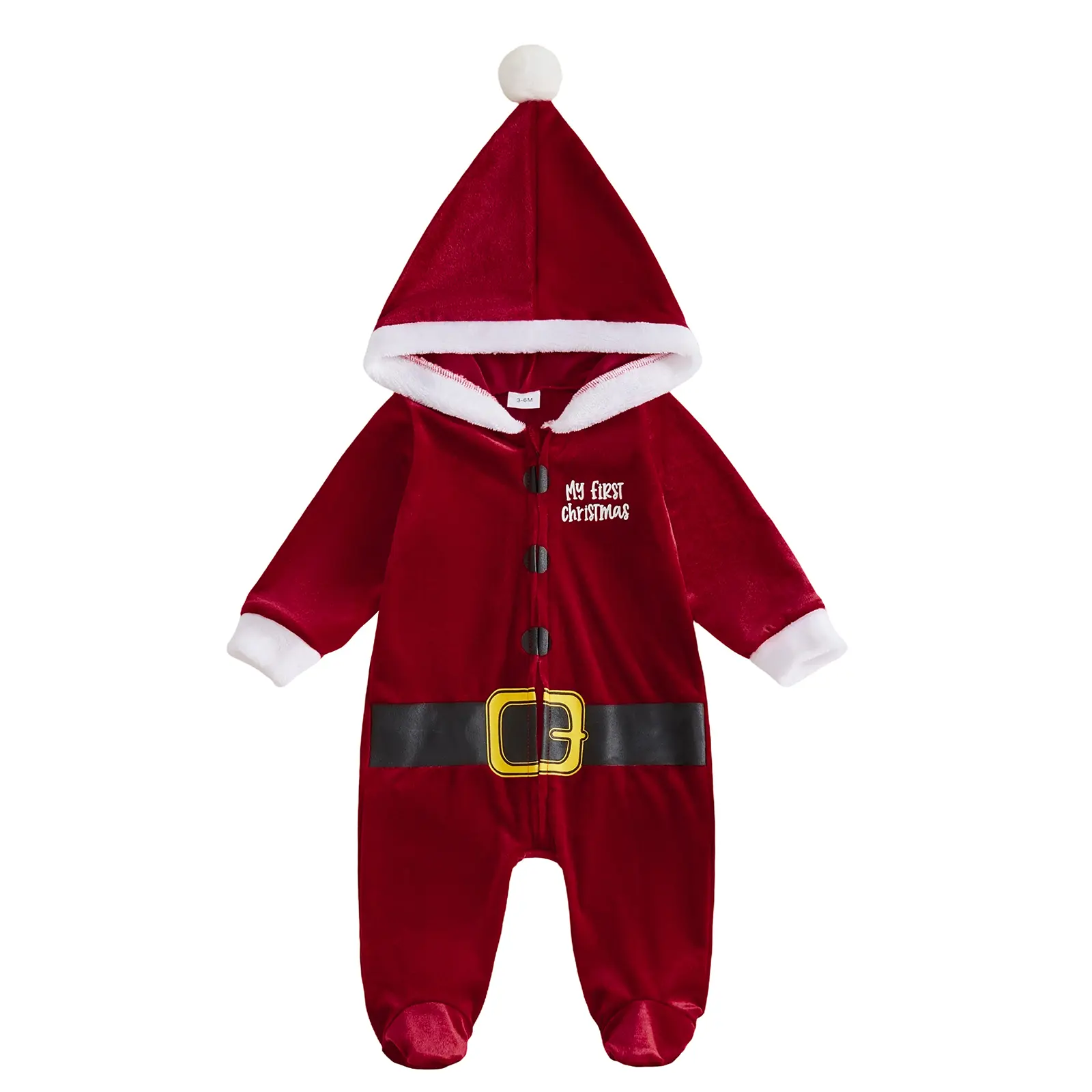 FOCUSNORM Newborn Baby Boys Girls My First Christmas Outfit Velvet Hooded Santa Footed Jumpsuit Long Sleeve Romper Fall Winter Clothes 0-12M