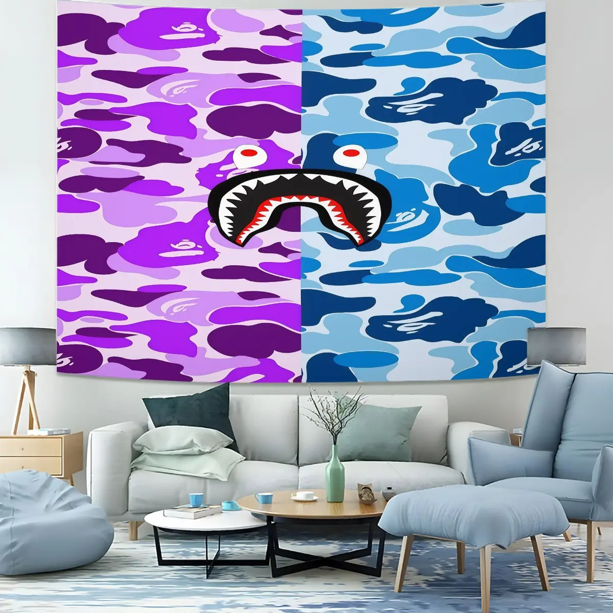 Camouflage Shark Head Pattern Tapestry, 1 Piece Of Fashionable Room Flag, Artistic Home Decoration, Suitable For Teenagers, Adults, Bedroom, Living Room, Dormitory Scene