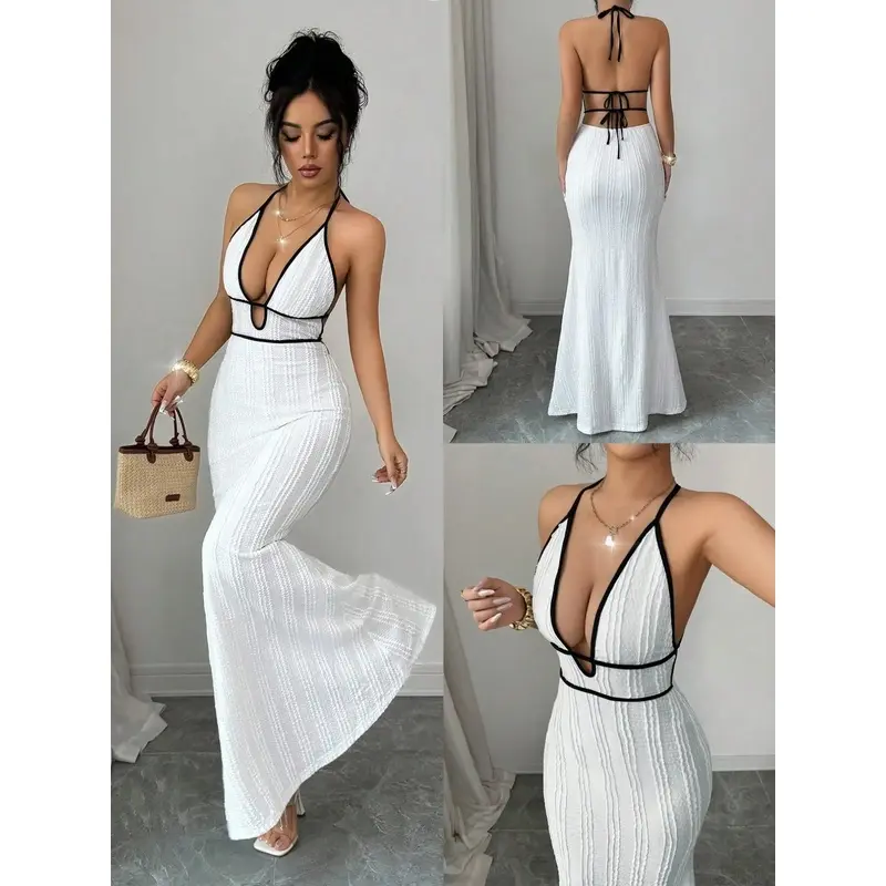 Women's Halter Neck Sleeveless Maxi Dress with Contrast Trim, Deep V Neck Backless Tie Up Mermaid Dress, Chic Elegant Trendy Bodycon Long Dress for Wedding Guest, Cocktail Parties, Summer Beach Vacation and Date Night, Cocktail Party Dress
