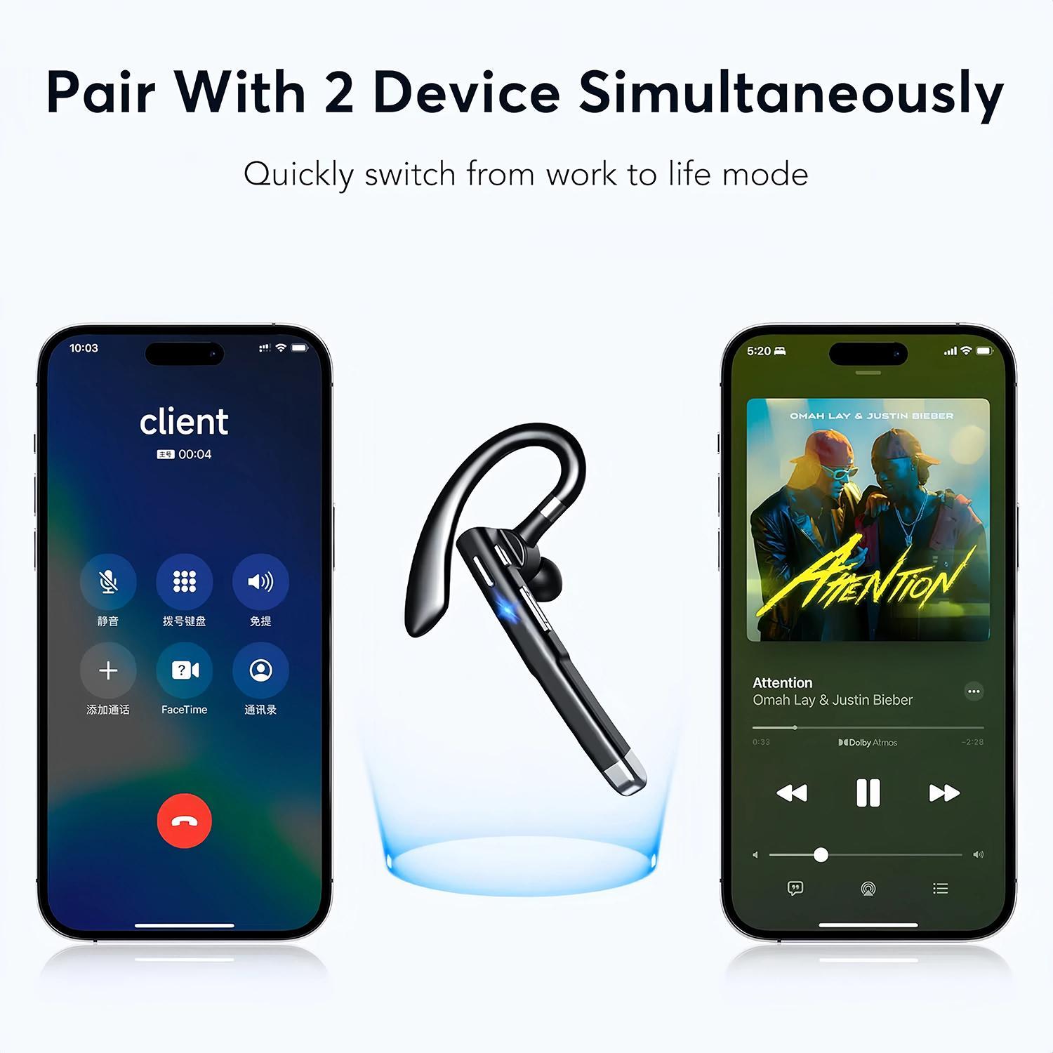 Bluetooth Trucker Headset, Wireless Bluetooth 5.3 Earpiece for Cellphone with Charging Case Built-in Microphone Hands-Free Earphones for Work Office Driver