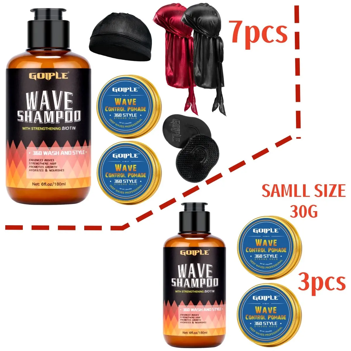 Complete 360 Waves Hair Styling Kit For Men, Biotin Wave Shampoo, Strong Hold Wave Pomade, Satin Durags Wave Cap & Wave Brush, Professional Wave Training Starter Set For Deep Defined Waves Wolfing Routine，Deep Cleansing & Nourishing Hair Care Kit,