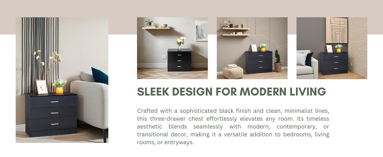 Karl home 3 Drawer Dresser, Modern Storage Chest of Drawers, Wood Bedside Table Night Table for Bedroom,Living Room (Black)