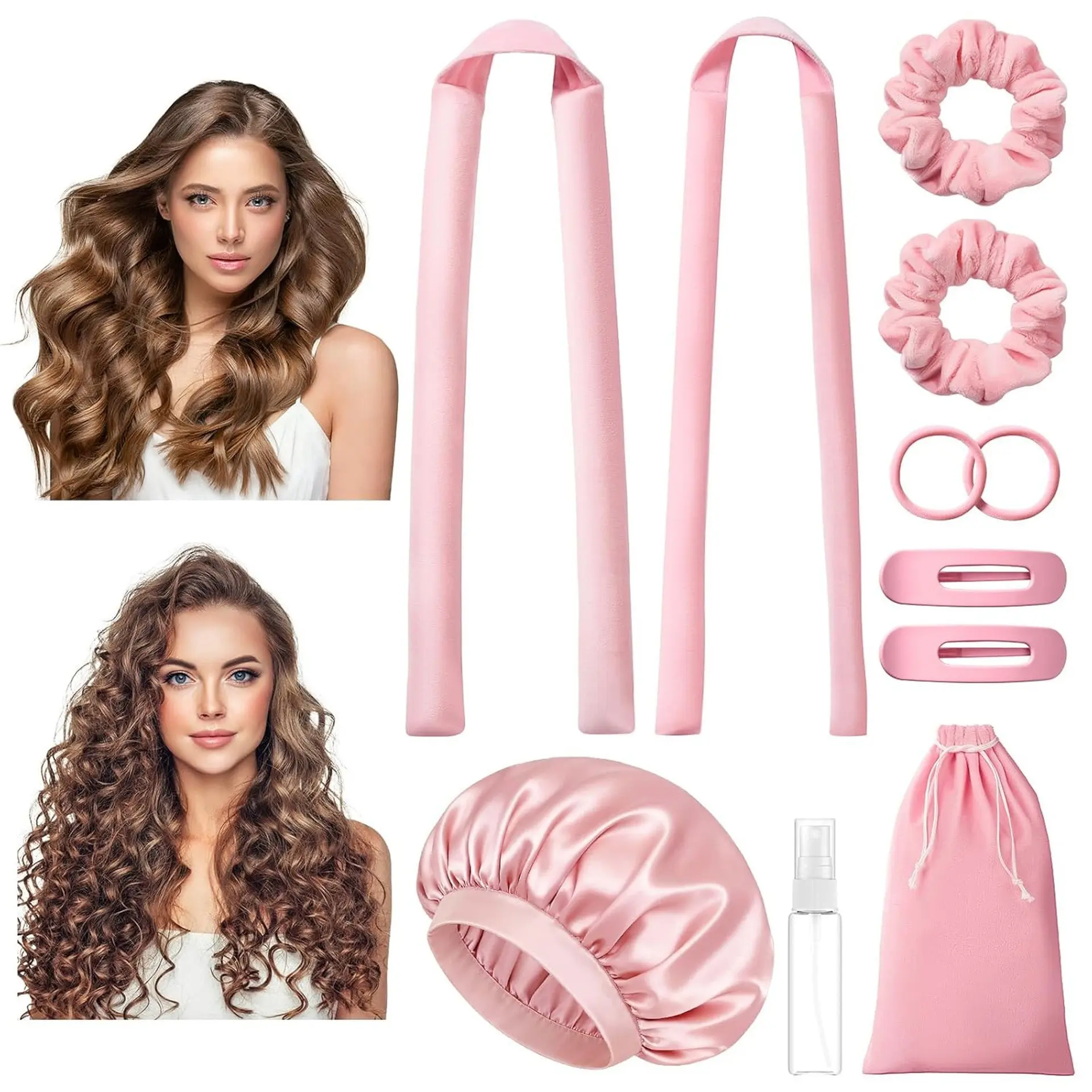 No Heat Overnight Curling Set, Silk Hair Rollers 11-Piece Kit, Wearable Sleepwear, Soft Flexible, Damage-Free Curls and Waves