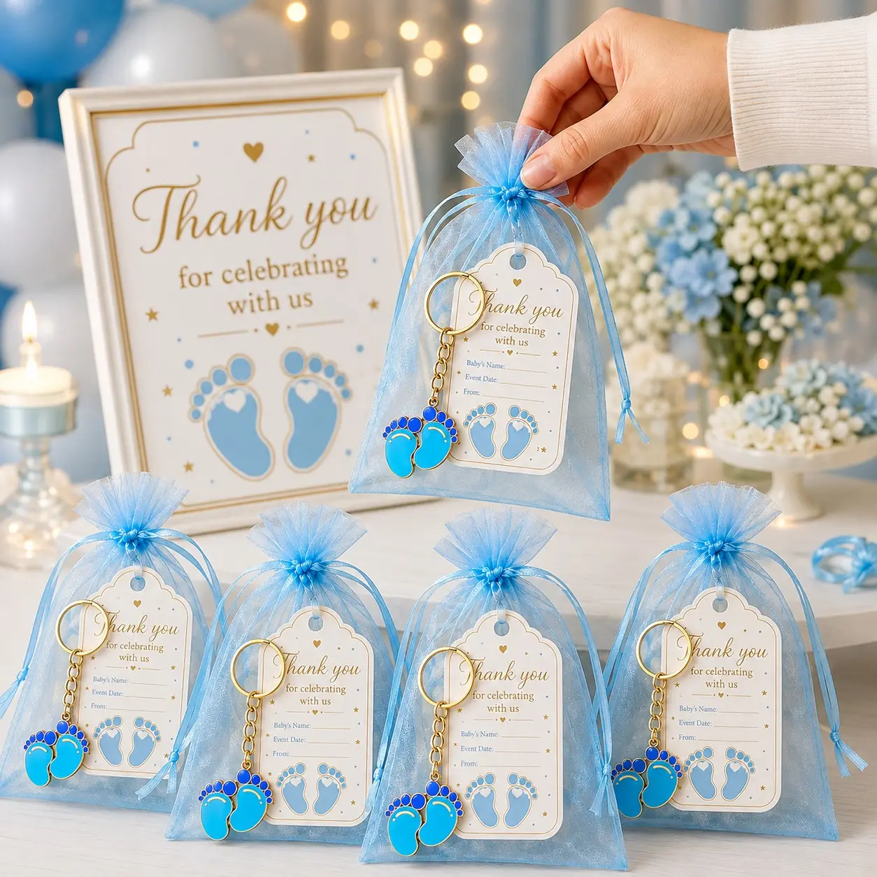 20/30 Sets Pink/Blue Baby Feet Keychain Favor Set with Thank You Cards and Organza Bags, Baby Shower Guest Favors, Gender Reveal Party Gifts, Baptism and Christening Favors, Baby Boy Girl Keepsake Souvenirs