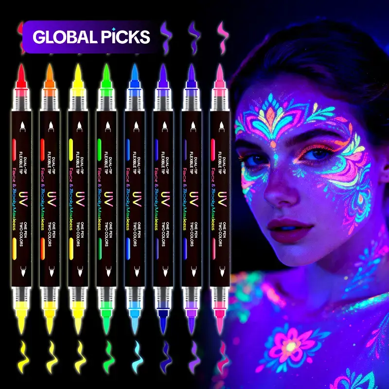 Glow-in-the-Dark Face Paint Markers, 8 Pack 16 Colors, Black Light Neon Body Paint Pens for Skin, Washable UV Temporary Tattoo, for Birthday Glow Party, Halloween Makeup & Easter Basket Stuffers, Versatile Usage #GLOBAL PICKS