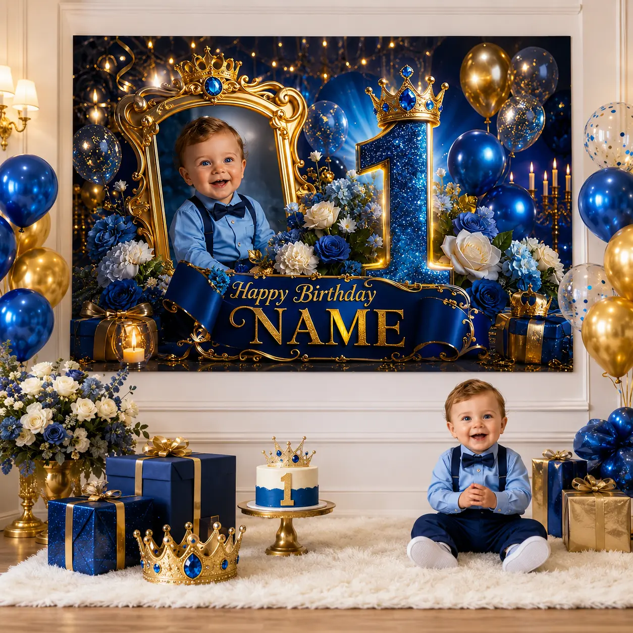 Customizable Royal Blue Gold 1st Birthday Backdrop, Personalized Name-Crown Photo Banner, Elegant Baby Party Decoration (Home & Festive Party Supplies)