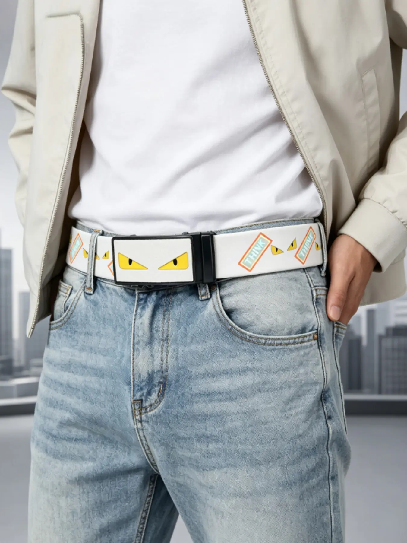Trendy Devil Eye Print Automatic Buckle Belt, Unisex Street Style Waistband, Fashionable Accessory for Men and Women
