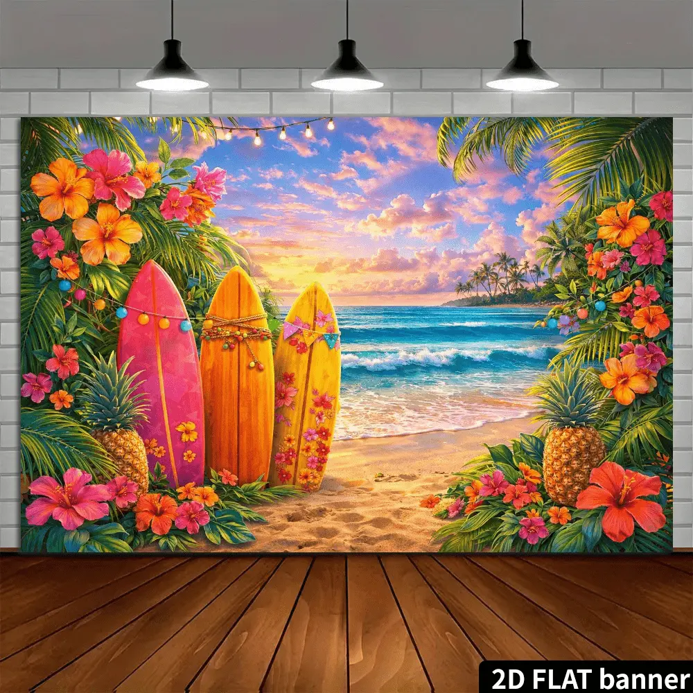 Tropical Beach Tapestry, Vibrant Palm Tree Wall Hanging with Surfboards & Pineapple - Hawaiian Luau Party Decor, Ideal Gift for Textile & Soft Furnishing Enthusiasts