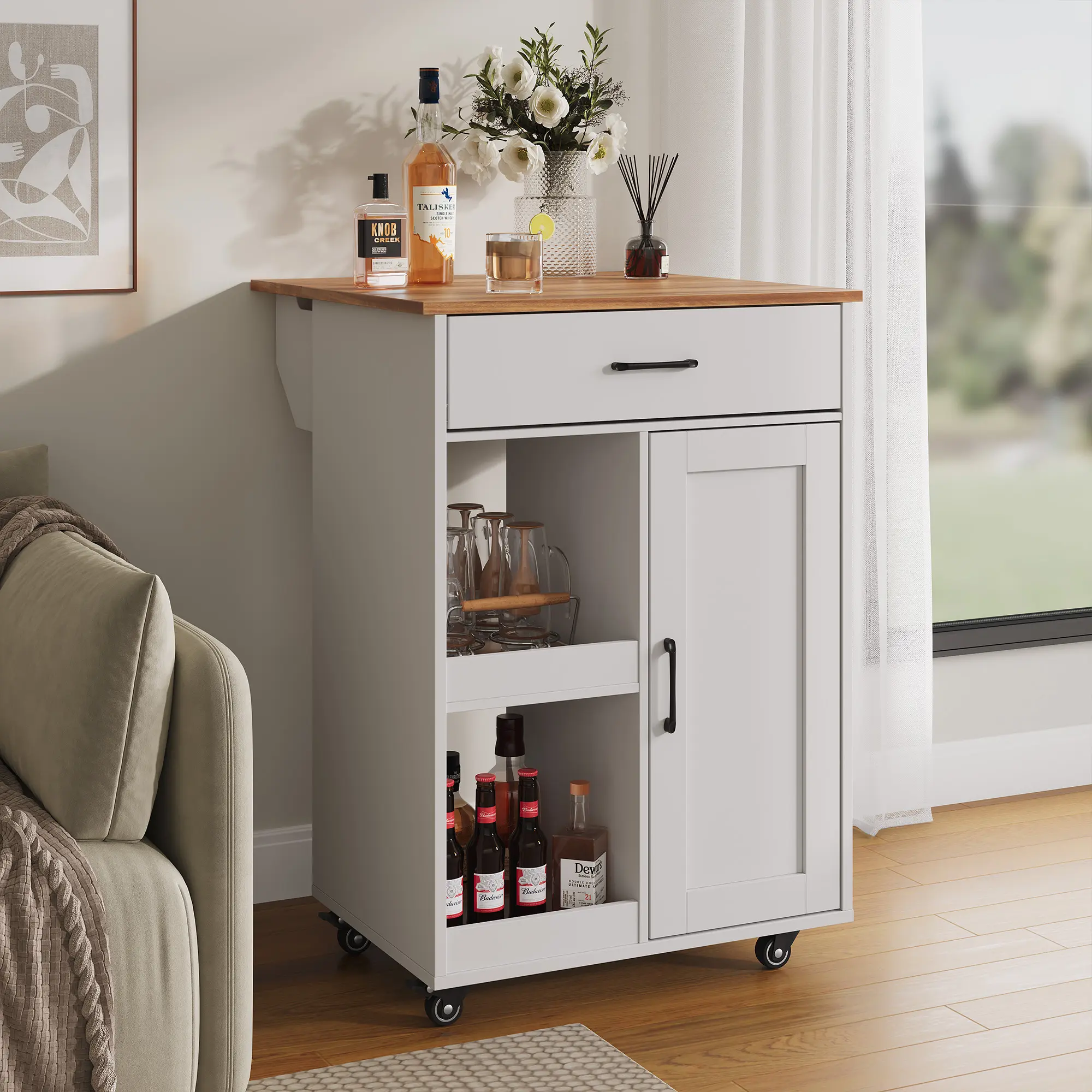Expandable Rolling Kitchen Island Cart with drop leaf countertop, spice rack and towel holder. 23.7" wide mobile storage furniture perfect for compact kitchens