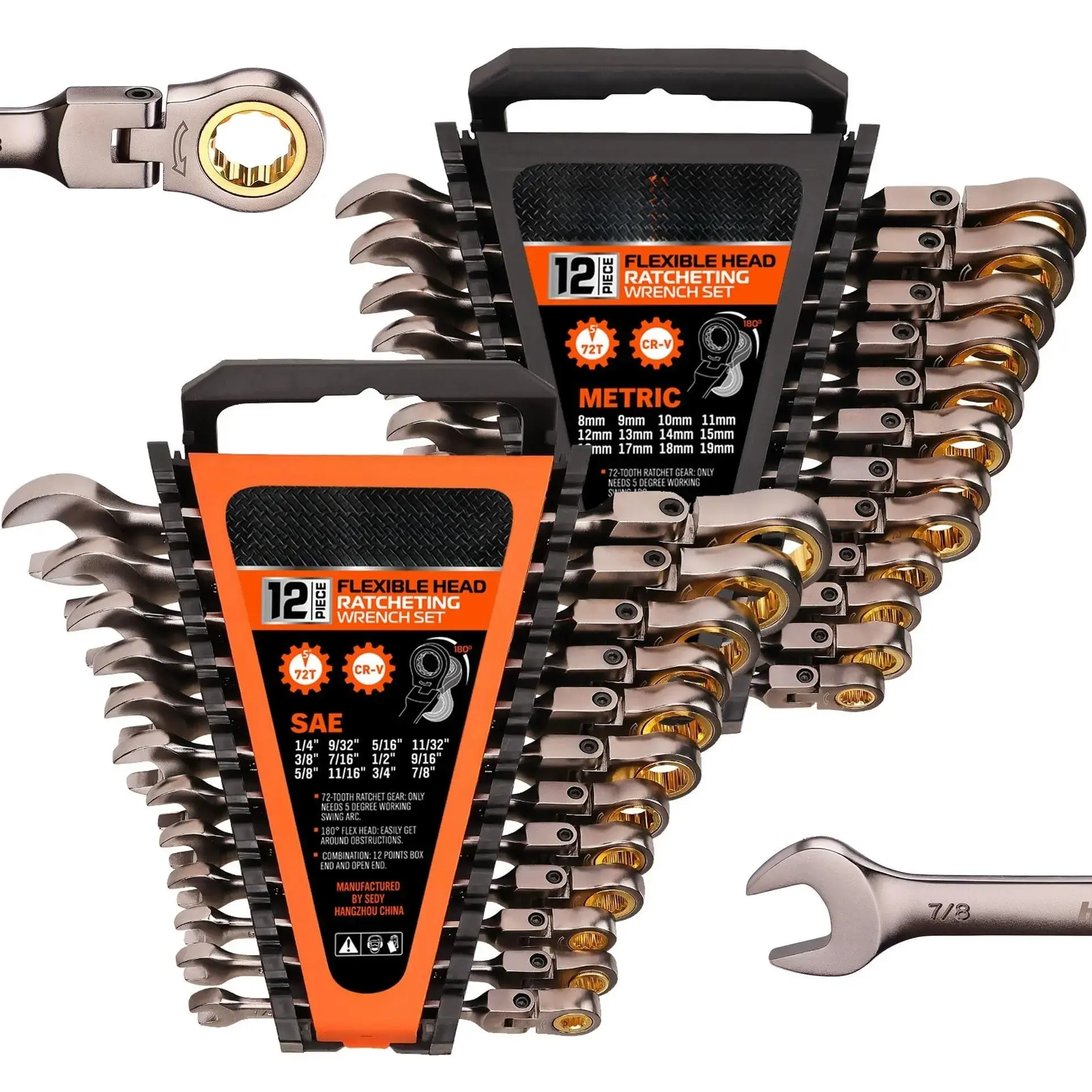 24PC Flex-Head Ratcheting Wrench Set |   Metric and SAE |   Ratchet Combination Wrenches Set with Organizer |   72-Teeth |   Chrome Vanadium Steel Hardware, Gift, Spring Glow Up