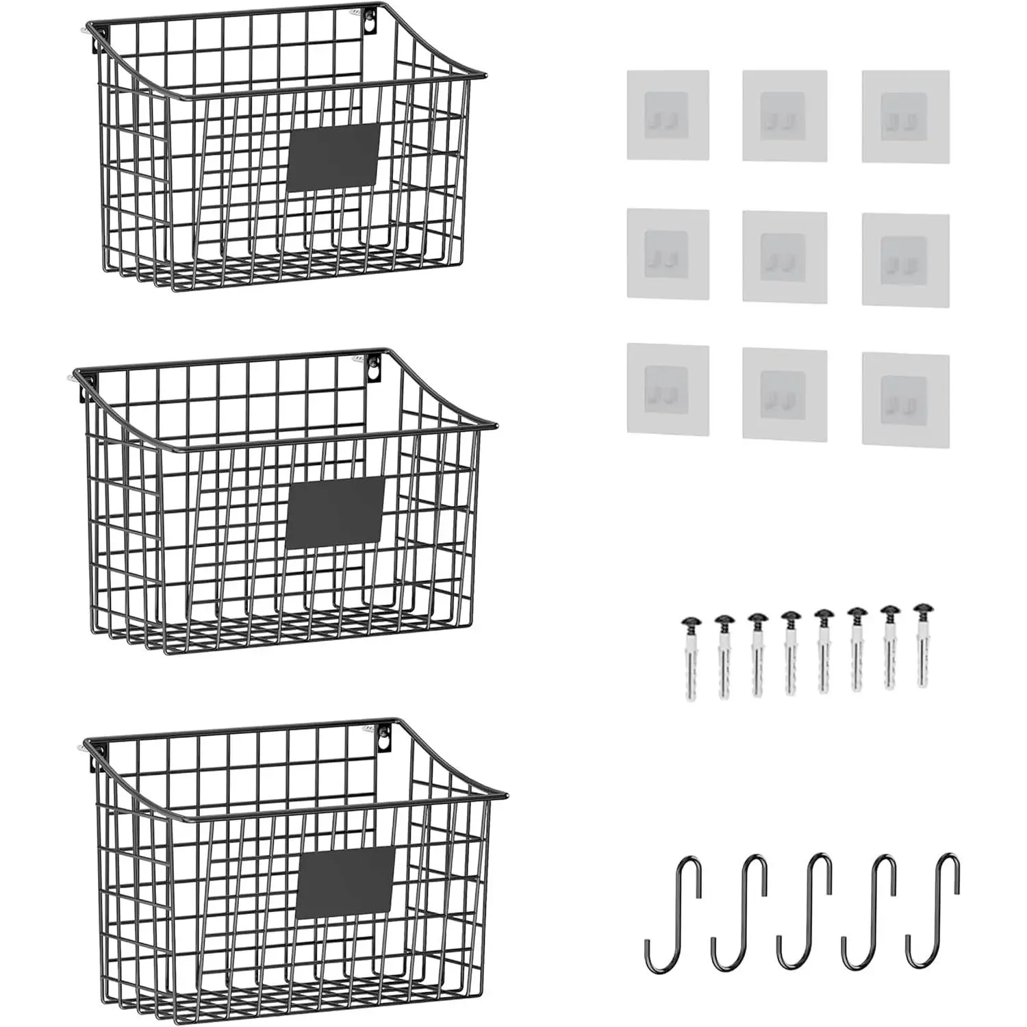 Wall Mounted Bin Basket with 5 Hooks 3 Label Plate Adhesive-3 Pack, Cabinet Hanging Metal Wire Basket,Rustic Farmhouse Decor, Storage Organization Shelf for Pantry Kitchen Bathroom 10.6*7.5*5.1inch