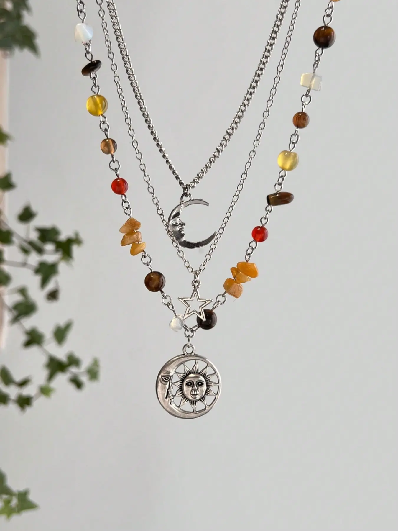 3-Piece Retro Multi-Element Metal Star Moon Sun Pendant Necklace Set, Bohemian Style Irregular Crystal Turquoise Beaded Necklaces, Women's Daily and Vacation Jewelry, Layered Mixed Necklaces, Stackable Necklace