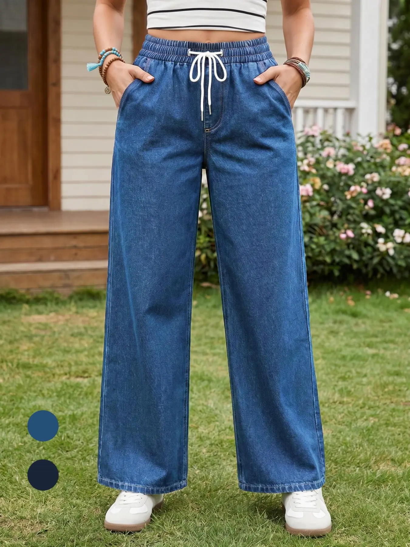 Women's Blue Solid Denim Jeans, Comfortable Elastic Waist Drawstring Wide-Leg Jeans, Loose-Fit Long Trousers for Daily Commute and Casual Wear
