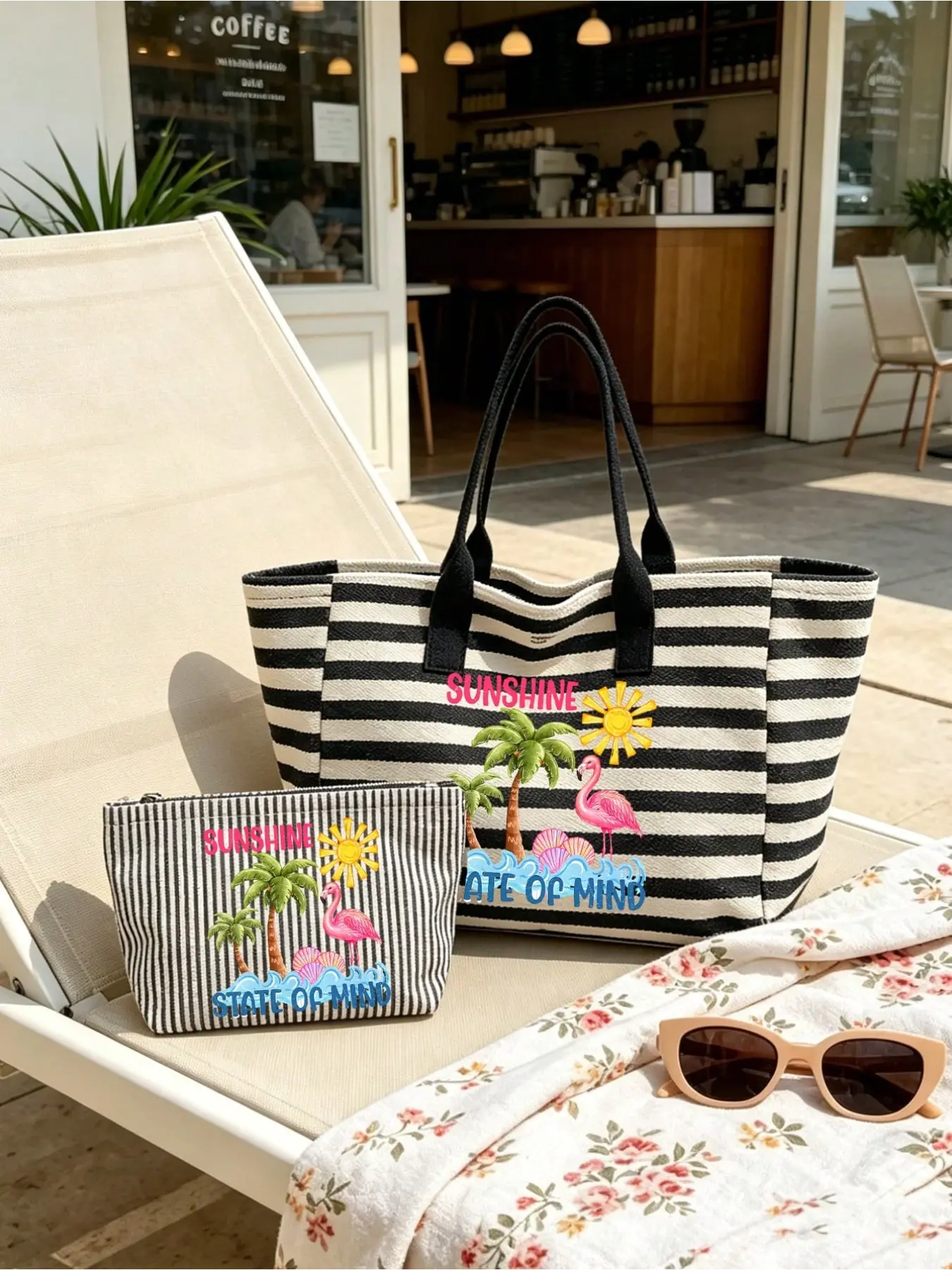 Large Capacity Striped Beach Tote Bag, Sun and Flamingo Pattern, Foldable Shoulder Bag, Multifunctional Travel Bag, Summer Essential