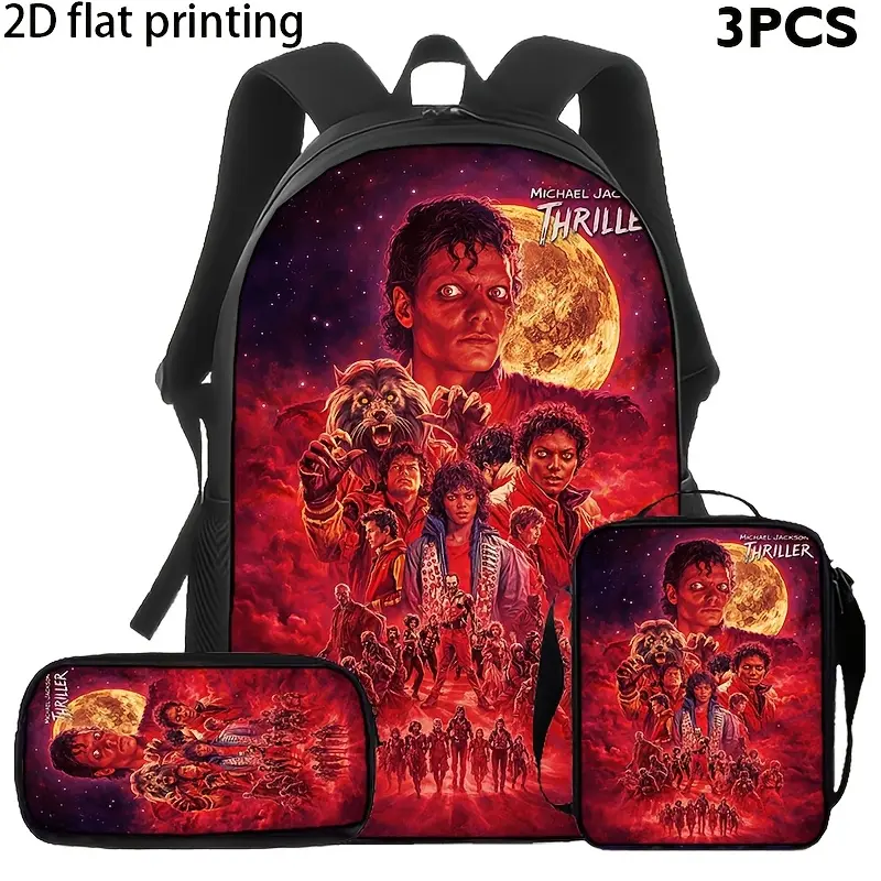 Michael Jackson Thriller Character Backpack Set - 3-Piece Water-Resistant 600D Oxford Red Album Print School Kit with Lunch Bag Pencil Case, for Pop Music Fans Back to School Haul, Concert Collectibles, Crossbody/Shoulder Bag Use, Character Backpacks, Gra