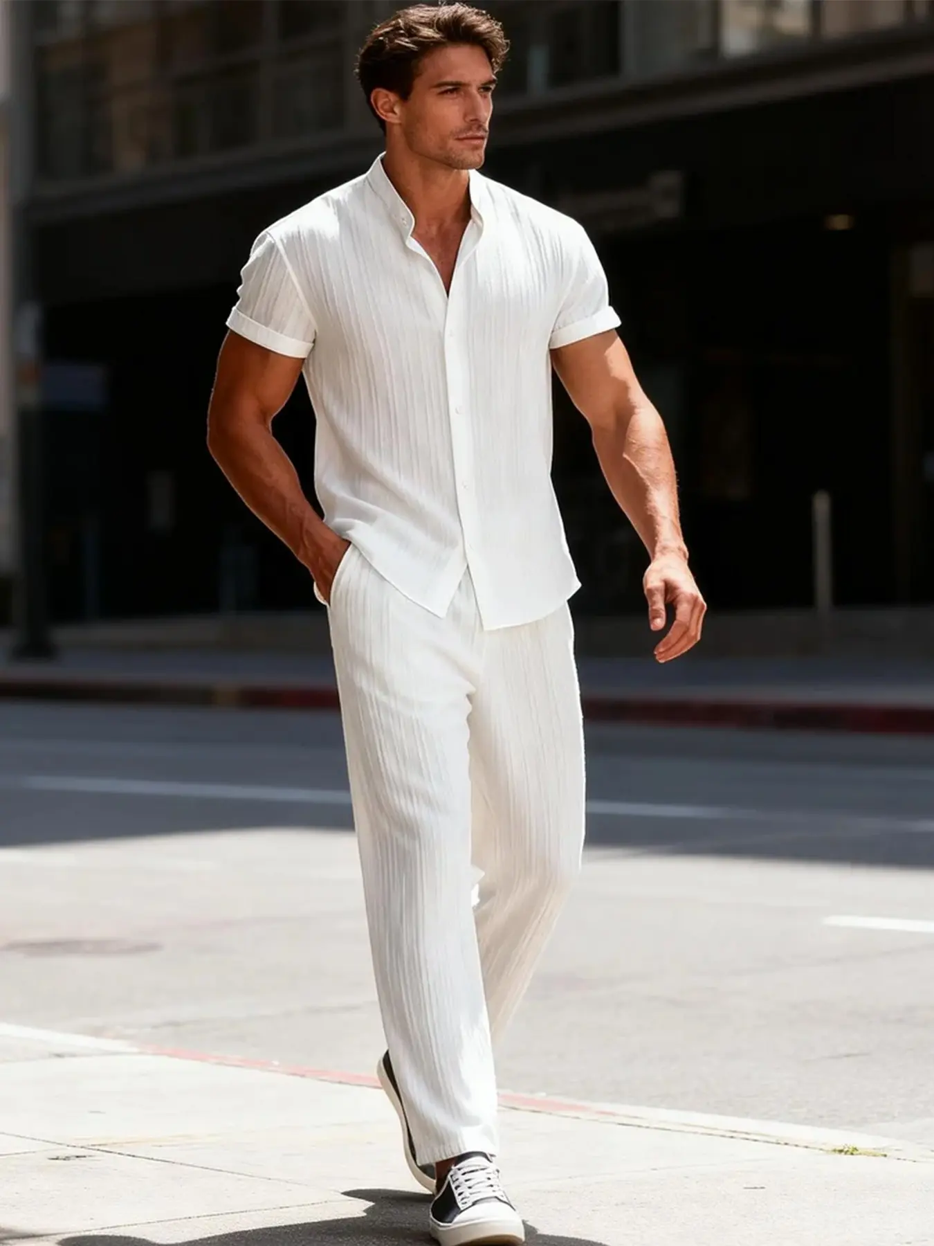 Men White Vertical Striped Texture Loungewear Pjs 2 Piece Set, Mandarin Collar Full Button Short Sleeve Shirt & Elastic Drawstring Straight Long Pants, Breathable Wrinkle Light Fabric Casual Home Outfit for Napping, WFH, Sofa Relax & Lazy Indoor Rest
