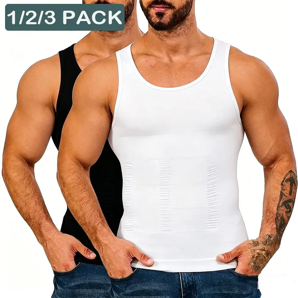 1/2/3 PACK Men Compression Shirt Tank Top,Men Plain   Shaping Vest,Men Sleeveless Shirt Shapewear,Men Workout
