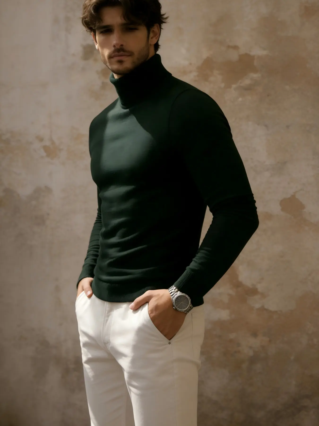 Men's High Neck Knit Sweater, Turtleneck Knitwear, Slim Fit Stretch Long Sleeve Solid Color Basic Pullover, Trendy Knitted Top, Street Style, Casual, Nightclub, Office Wear