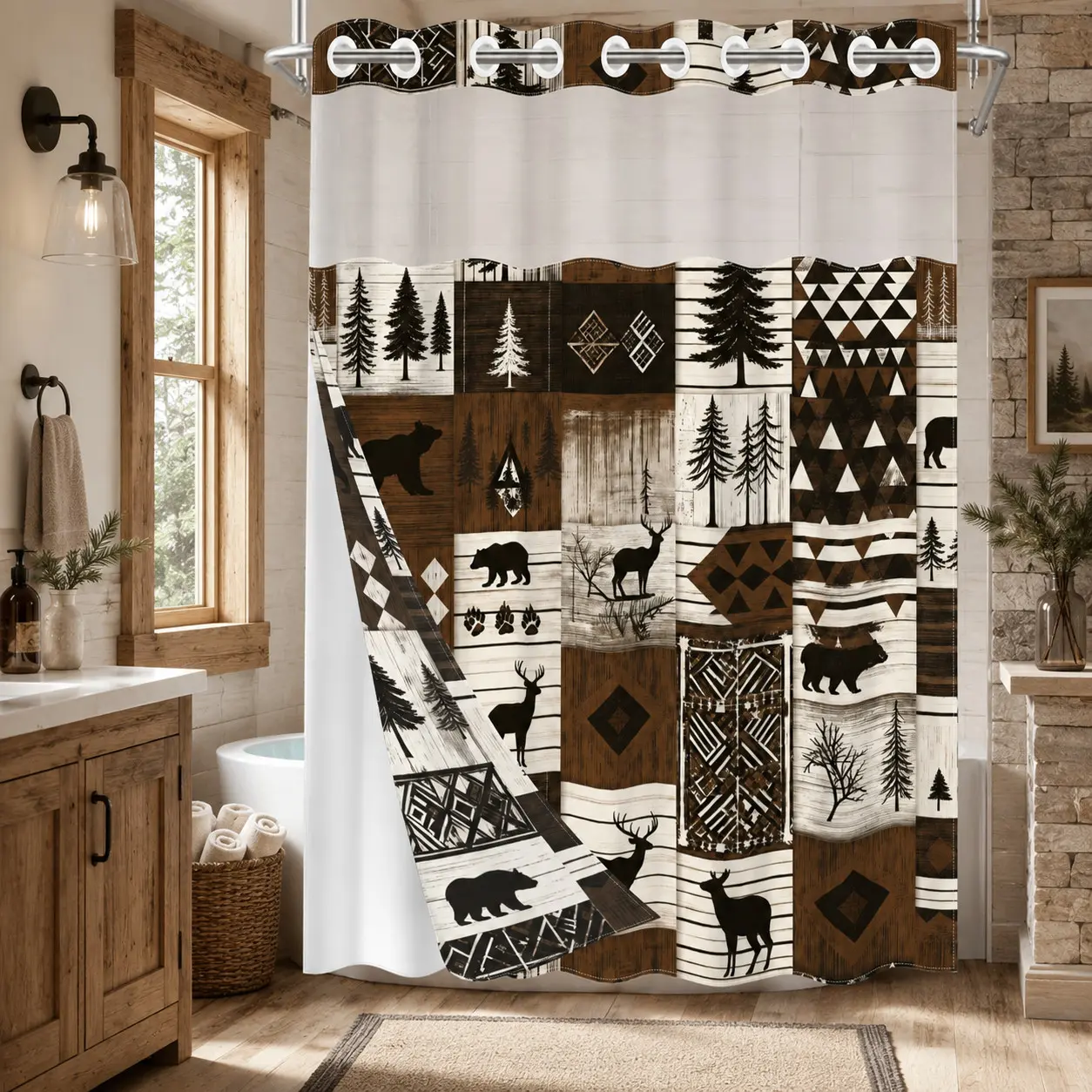 1 Pc Hookless Double Layer Shower Curtain with Snap-in Liner, Shower Curtain No Hooks with Liner, Rustic Bear Deer Pine Tree Wood Grain Print, Waterproof Bath Curtain with Mesh Top Window, Farmhouse Lodge Bathroom Decor for Apartment Home Hotel Dorm