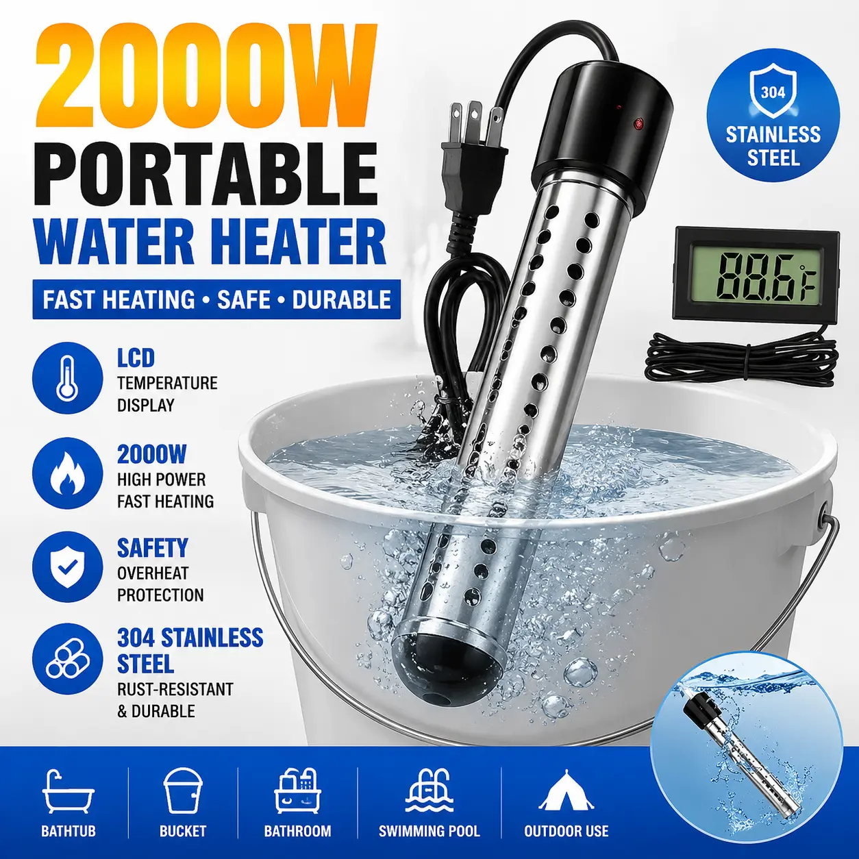 2000W Portable Electric Water Heater, 304 Stainless Steel Immersion Bucket Heater with LCD Temperature Display, Fast Heating Submersible Water Heating Rod, Safety Protection, Ideal for Bathtub, Bathroom, Swimming Pool & Outdoor Use