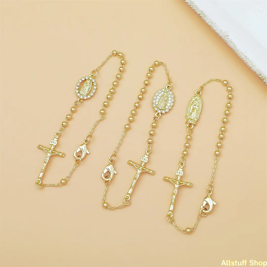 European and American Virgin Mary bracelet chain cross beaded religious copper plated 18K gold bracelet