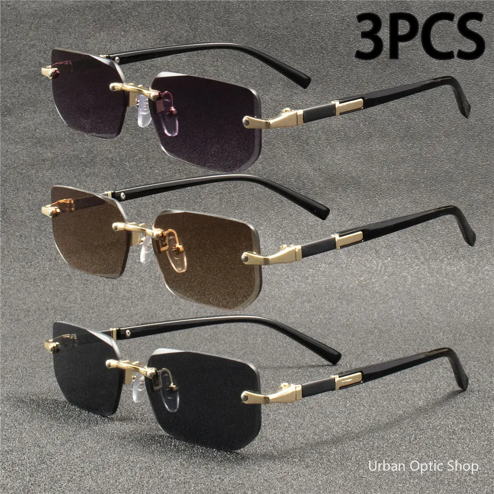 XUH 3 Pack Small Rimless Square Sunglasses for Men and Women, PA Frame with Anti-Glare UV400 Shield for Summer Travel, Rimless Look, Natural, Polyamide