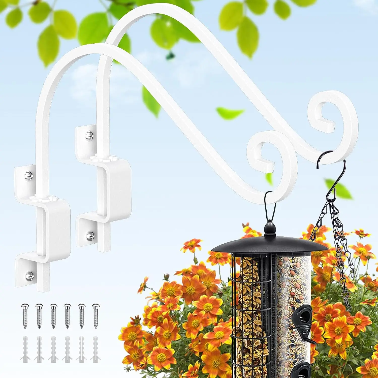 2-Pack 15in Swivel Mount Hangers - Heavy Duty Iron Coated Rust Resistant Metal Brackets, Heavy Load Hooks for Bird Feeders, Flower Baskets - 180° Rotating for Patio, Garden (White), Two-Pack