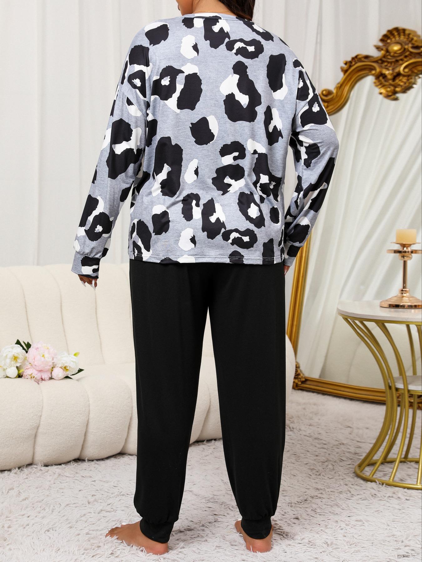 2 Piece Set Plus Size Leopard Print Pyjama Set, Casual Long Sleeves Drop Shoulder Tee & Plain Pants Set for Women, Women's Sleepwear for Spring & Fall,  Pyjamas for Women, Pajama Set