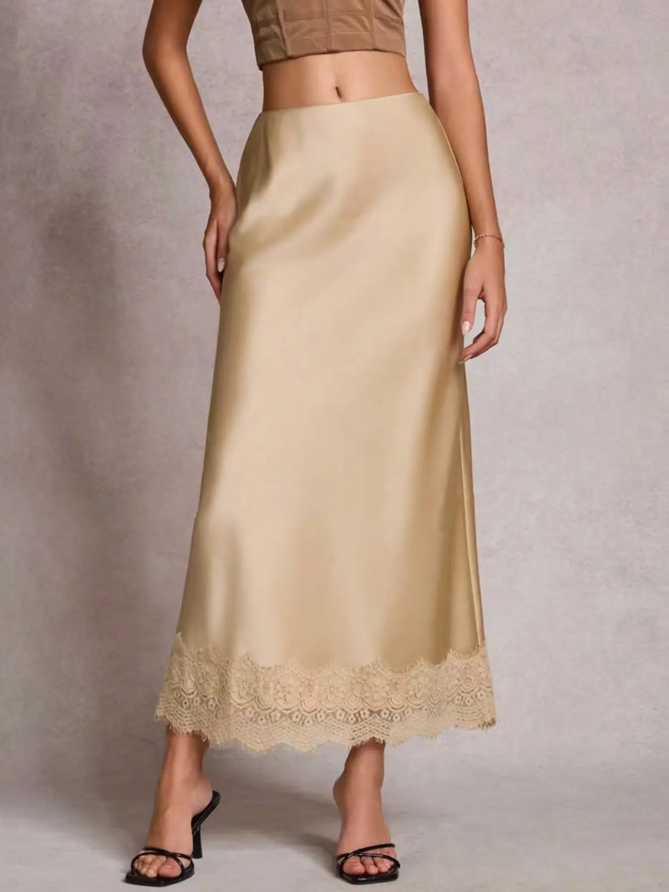 Elegant Women's Solid Color Satin Lace Patchwork Skirt, Perfect for Dates and Daily Wear, Stylish Half Skirt for Ladies