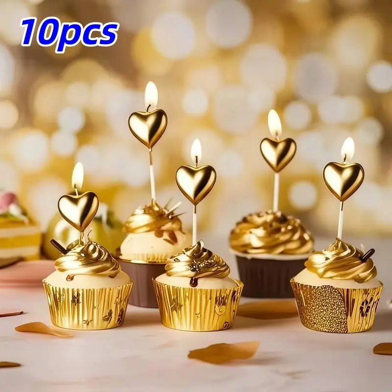 10 Gold Heart Cake Candles, Metal Texture, Smoke-Free, Perfect for Cupcakes, Desserts, Valentine's Day, Birthday Parties, Anniversaries