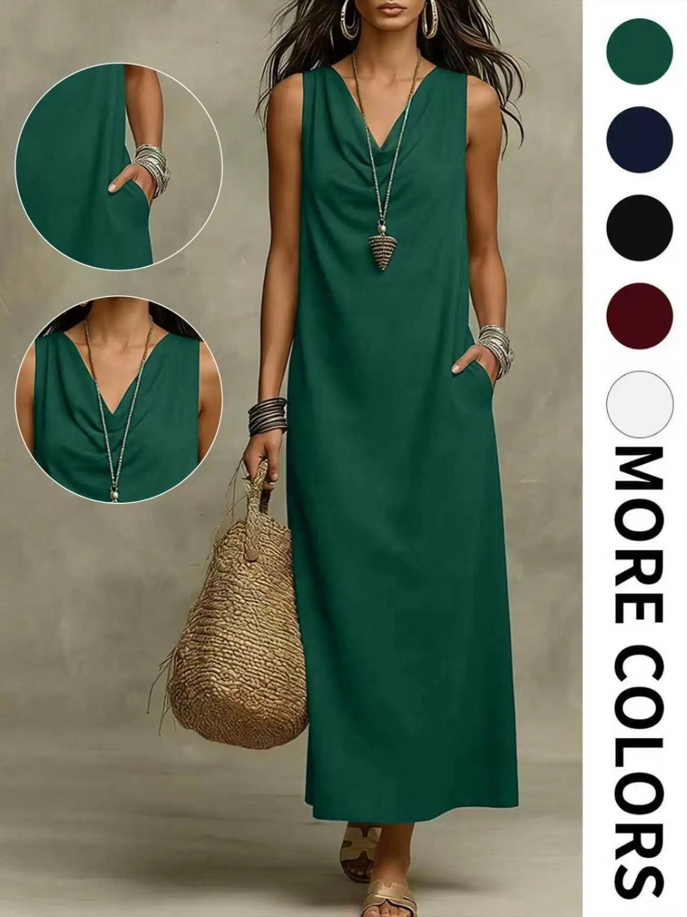 2026 Summer New Sleeveless Long Dress with Pockets, Bohemian Boho Style Loose Dress, French Style Long Dress, Beach Vacation Essential, Casual Wear