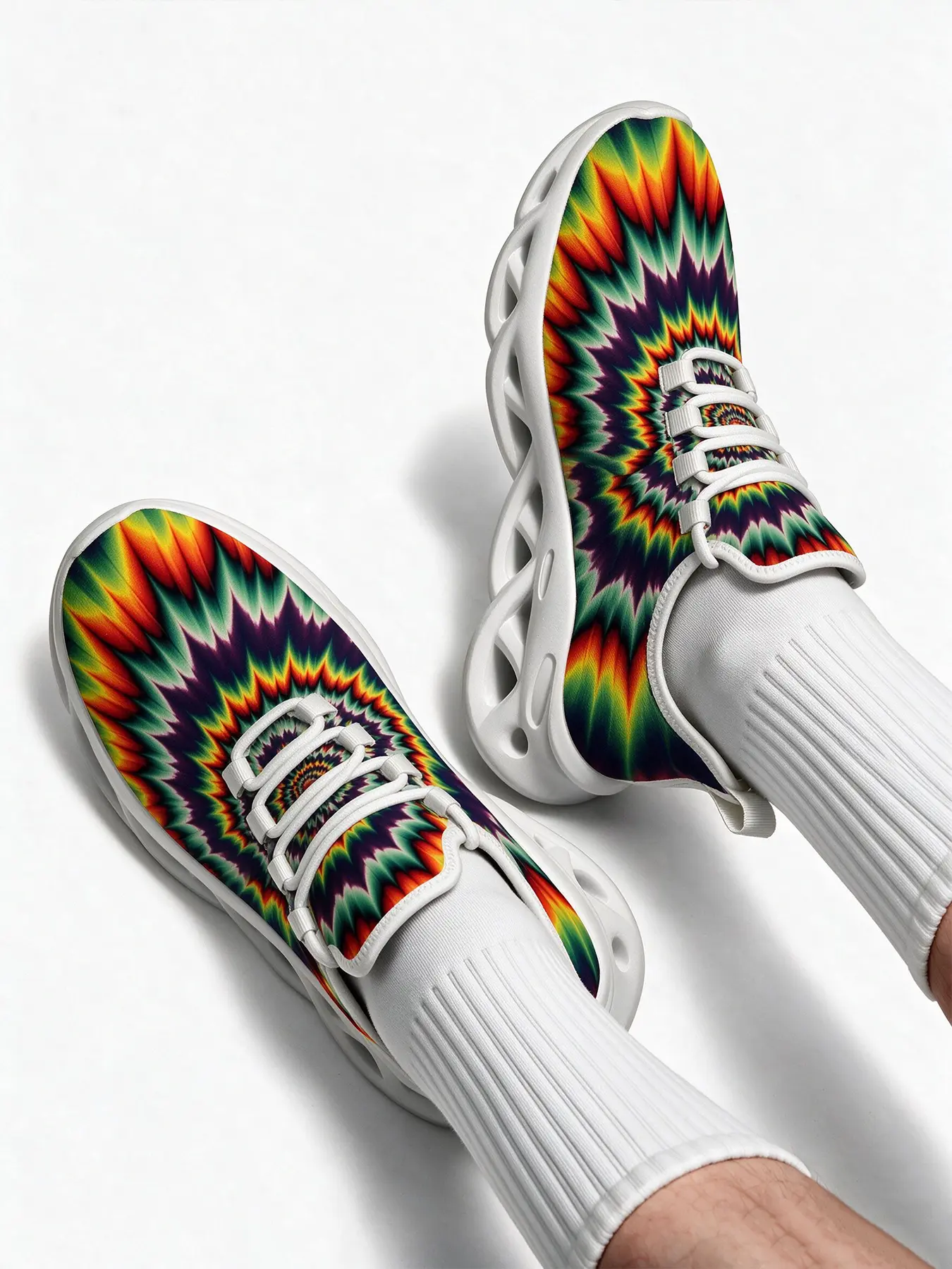 Boho Psychedelic Mandala Kaleidoscope Pattern Chunky Sneakers for Men Women, Vibrant Tie Dye All Over Print Mesh Shoes, Comfort Non Slip Fashion Footwear for Rave Festival Holiday Outdoor Daily Wear