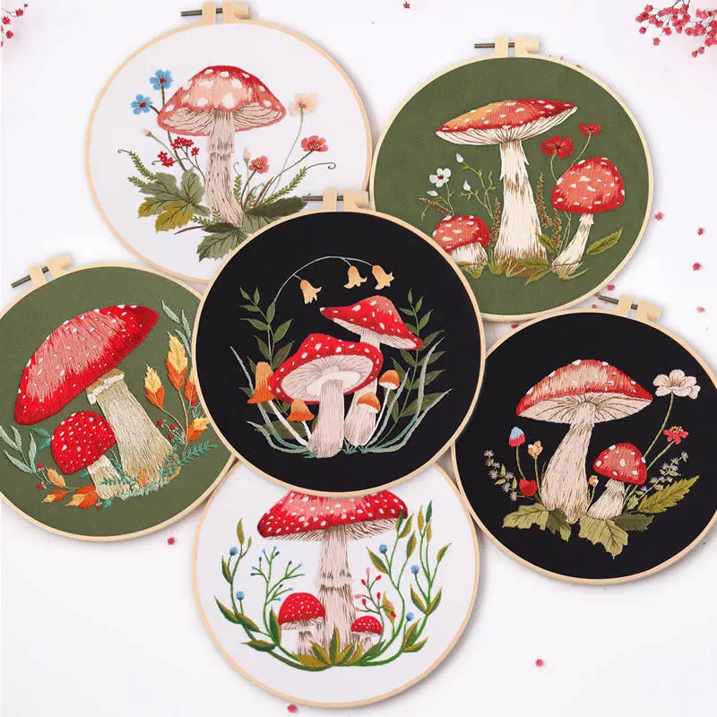 Style A Mushroom Cross Stitch Kit for Beginners, Complete DIY Embroidery and Hand Stitching Set with All-Seasons Fabric