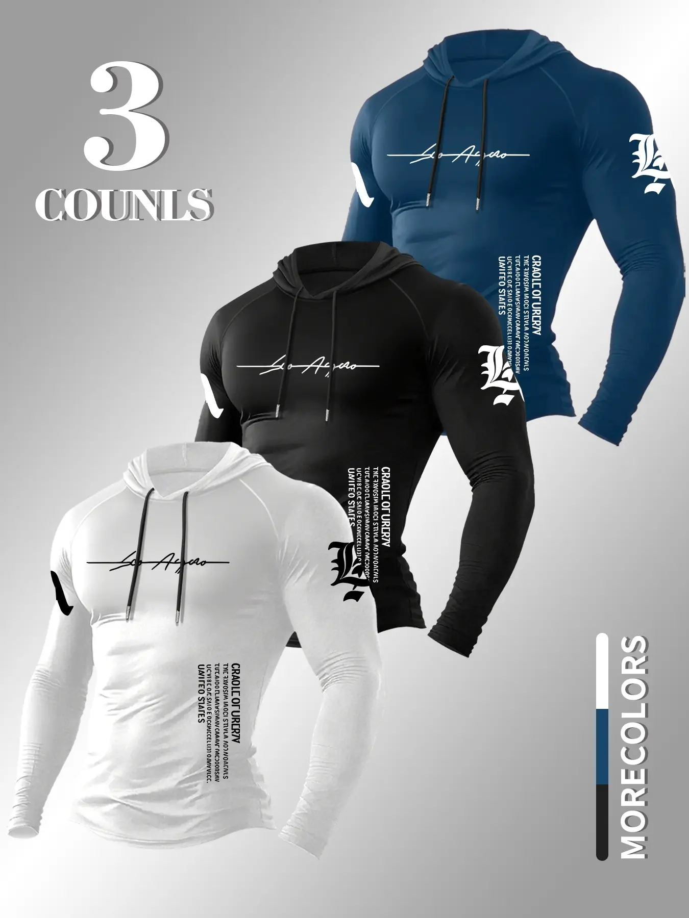 Minimal Cursive Letter Print Compression Hooded Long Sleeve 3 Pack, Casual Sport Hoodie, Stretch Quick Dry Daily Gym Slim Base Hoodie