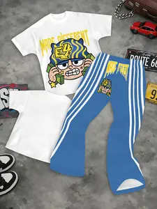 Yellow Graffiti Letter Full Print Split Flare Pant Streetwear Set, Smooth Gentle Wearable Casual Outfit, Ideal For City Stroll Skate Park Holiday Casual Look