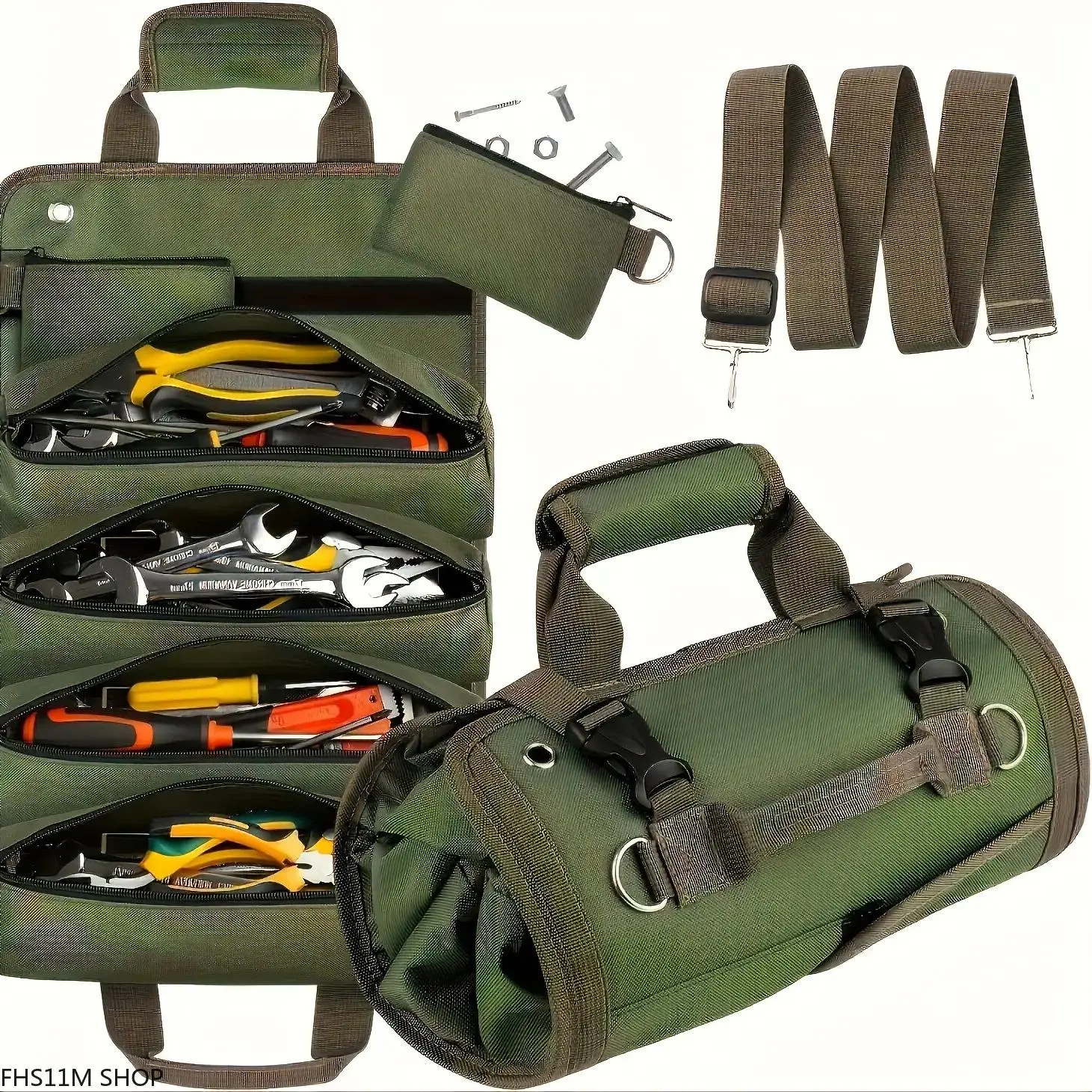Heavy Duty Waterproof Roll Up Tool Pouch - 6 Pockets, Adjustable Handle, Belt Mounted, Detachable, Multi-Compartment Organizer for DIY, Construction Workers - Premium Portable Workshop Essential, Men's Work Accessory
