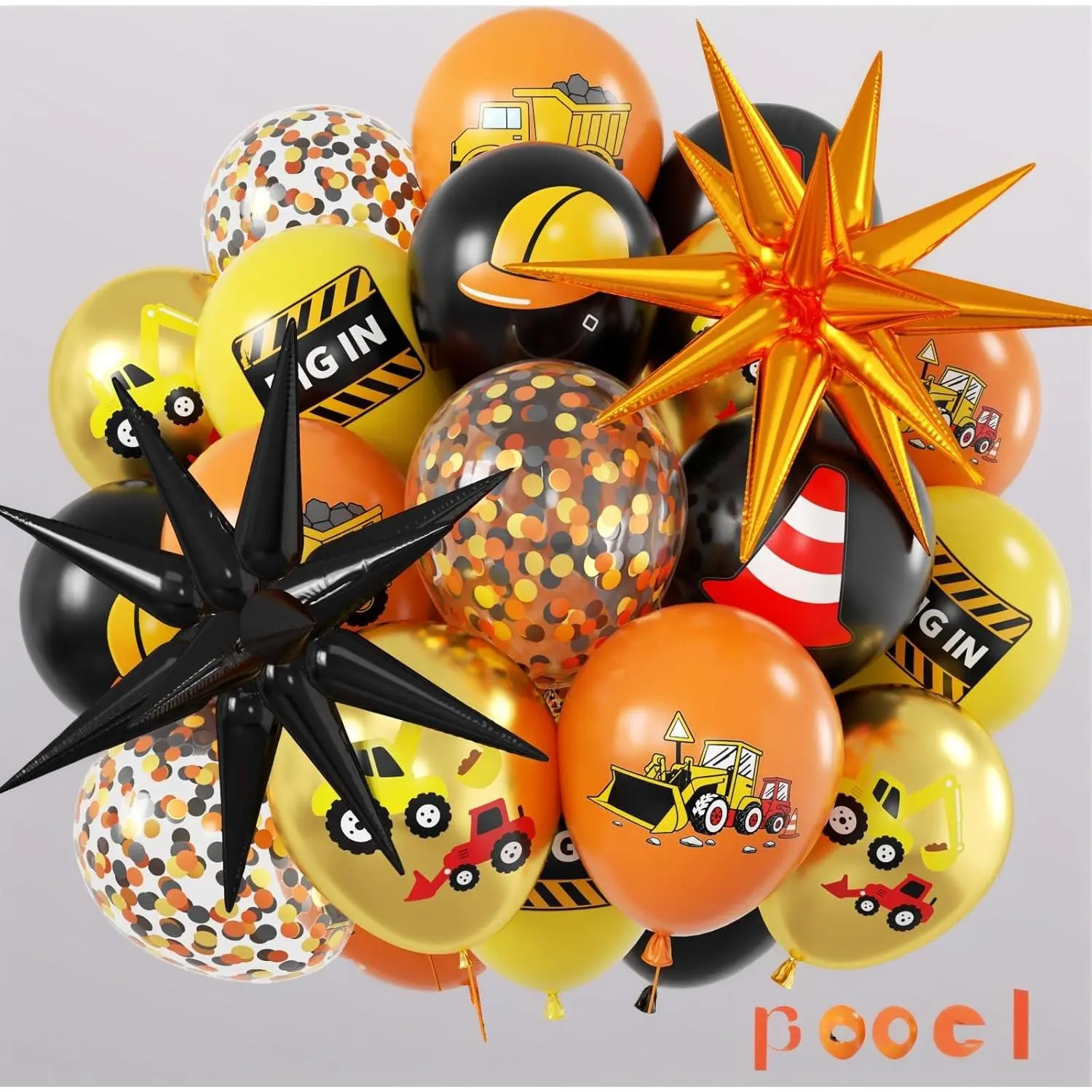 Construction Balloons 12 Inch – 6 Pack Black/Yellow/Orange Truck & Excavator Printed Latex Balloons with Star Foil Balloon, Confetti-Filled Party Decor for Boy Construction Birthday, Excavator Baby Shower, or Truck Themed Celebration