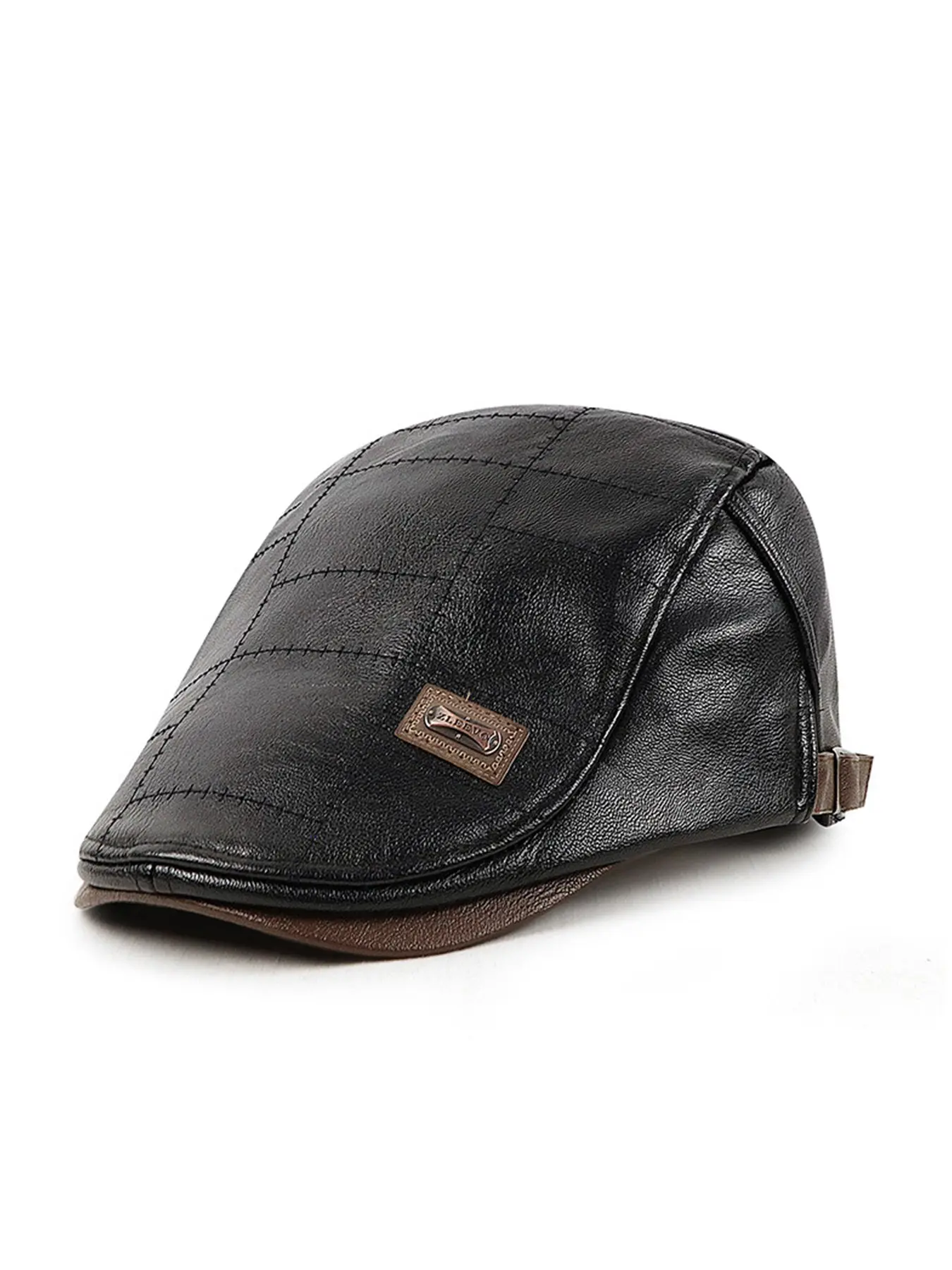 Men's Vintage PU Leather Newsboy Flat Cap, Adjustable Quilted Ivy Hat with Metal Badge, Retro Driving Hat for All Seasons