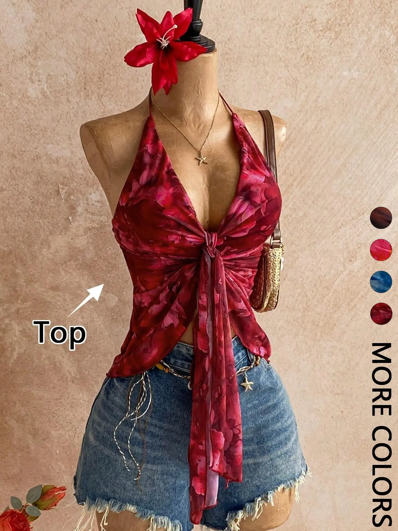 Floral Halter Tie-Dye Print Top Boho Summer Chic Sheer  Asymmetrical Hem with Front Self-Tie Mesh Crop Top